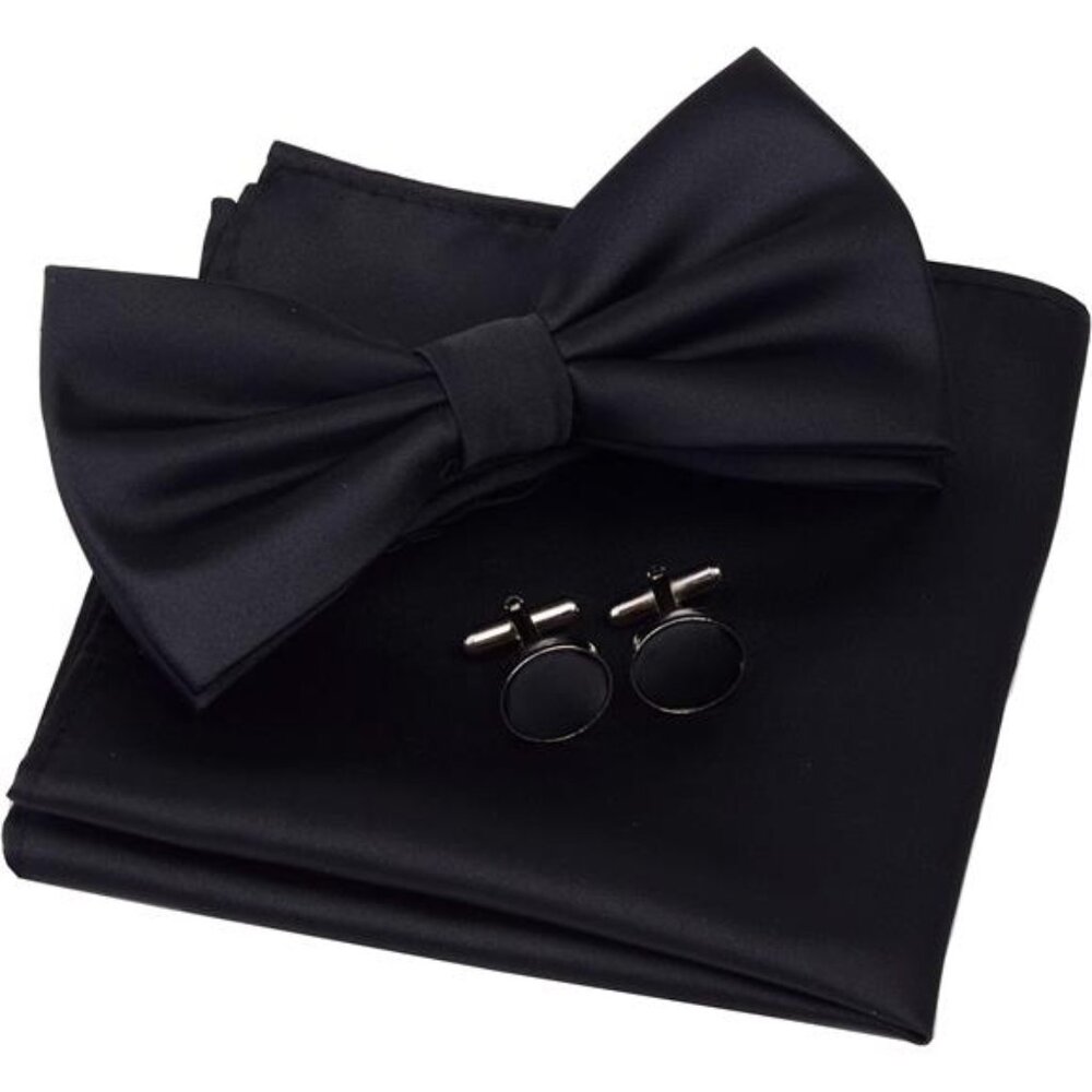 Mens Solid Color Double Fold Pre-tied Bow Tie and Pocket Square Cufflink Set